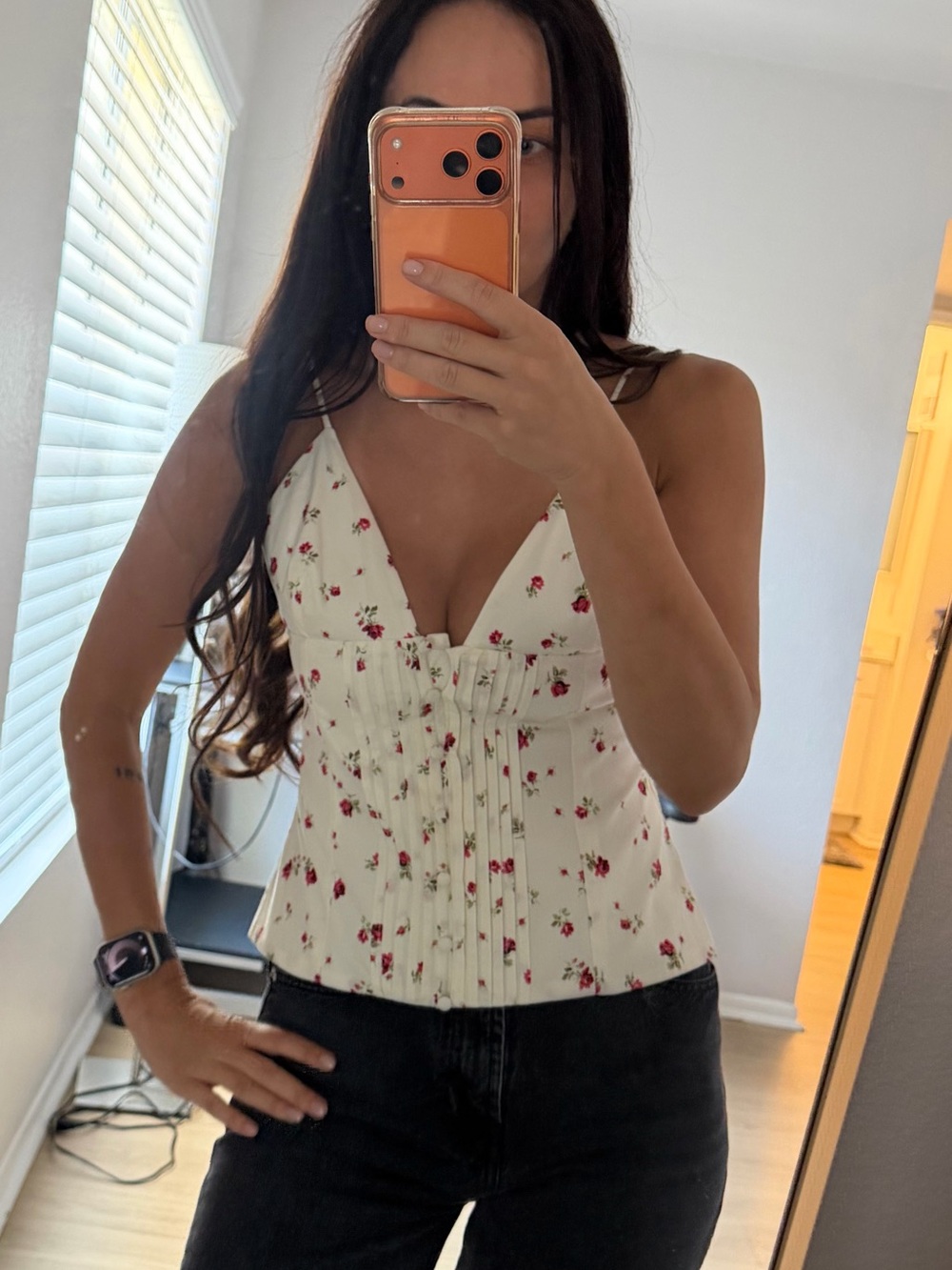 Zara Cream Floral Corset Camisole with Red Rose Print